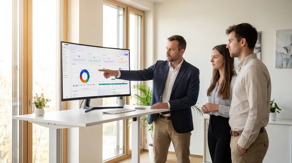 Tým u monitoru s ERP dashboardem
