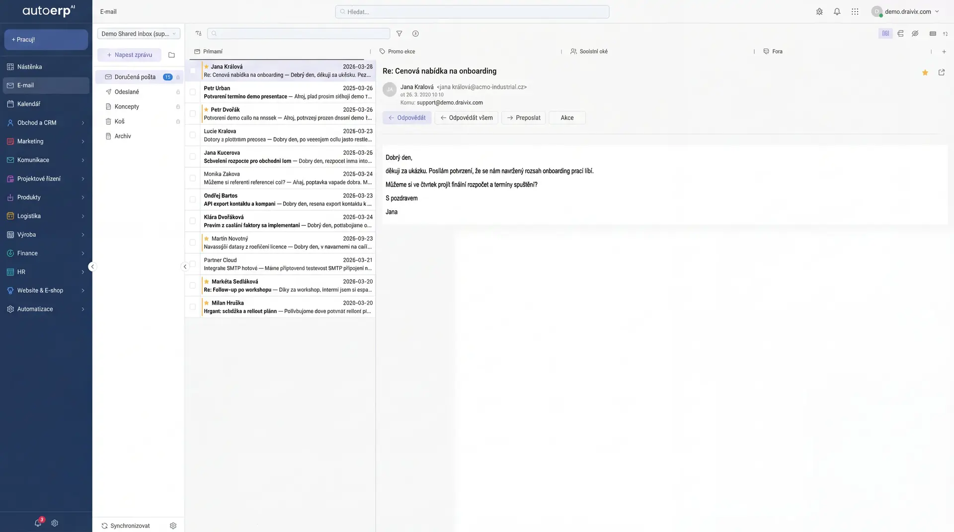 AutoERP firemní email - přehled doručené pošty