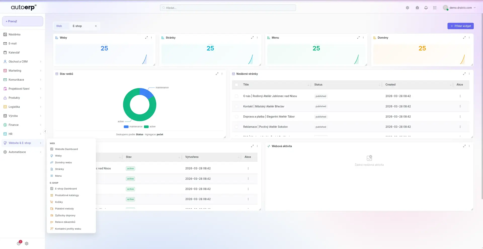 AutoERP - dashboard napojení a integrací