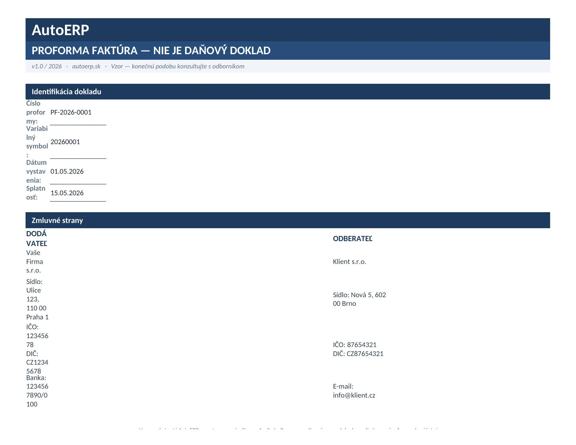 Excel šablóna proforma faktúry